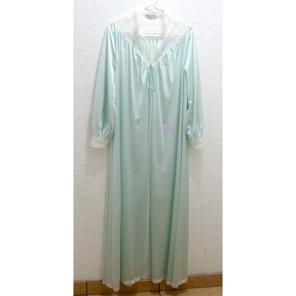 Vintage Robe MISS ELAINE SZ S Slinky Nylon Lace 80s Seafoam Green Long Lingerie